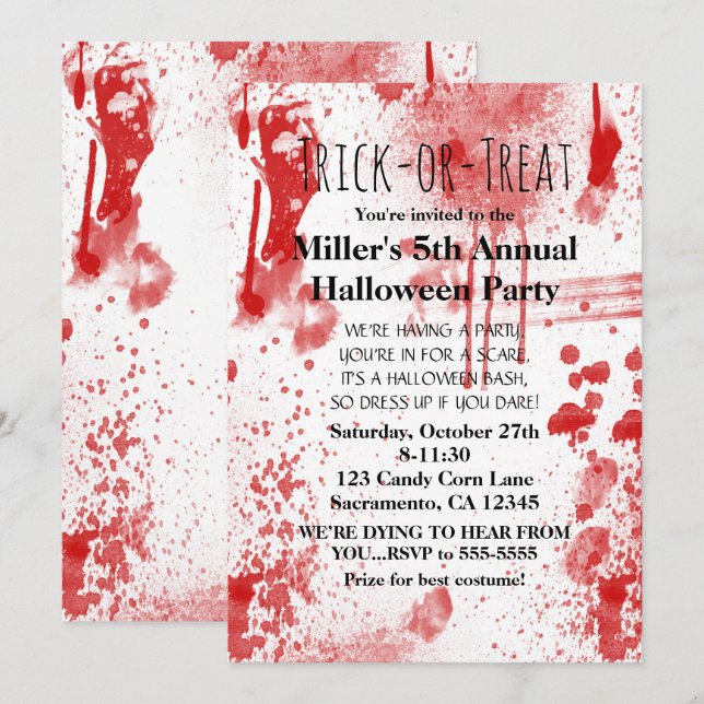 Halloween Blood Splatters Costume Party Invitation (Front/Back)