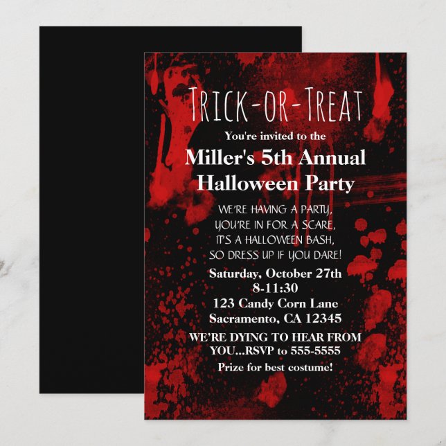 Halloween Blood Splatters Costume Party Invitation (Front/Back)