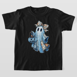 Halloween Blue Denim Boo Ghost Floral Coquette Bow T-Shirt
