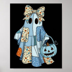 Halloween Blue Denim Boo Ghost Floral Coquette Fal Poster