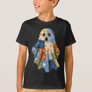 Halloween Blue Denim Boo Ghost Floral Coquette Fal T-Shirt
