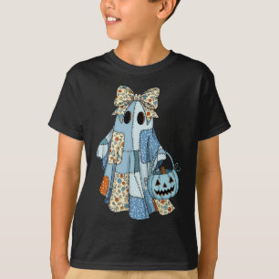 Halloween Blue Denim Boo Ghost Floral Coquette Fal T-Shirt