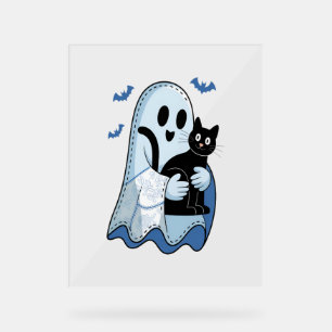 Halloween Blue Denim Ghost and Cat Acrylic Sign