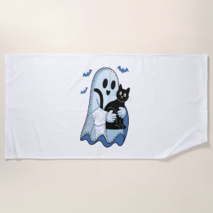 Halloween Blue Denim Ghost and Cat Beach Towel