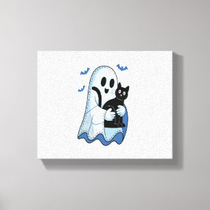 Halloween Blue Denim Ghost and Cat Canvas Print