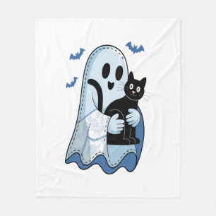 Halloween Blue Denim Ghost and Cat Fleece Blanket