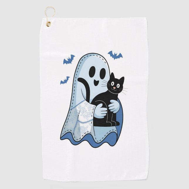Halloween Blue Denim Ghost and Cat Golf Towel (Front)