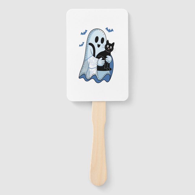 Halloween Blue Denim Ghost and Cat Hand Fan (Front)