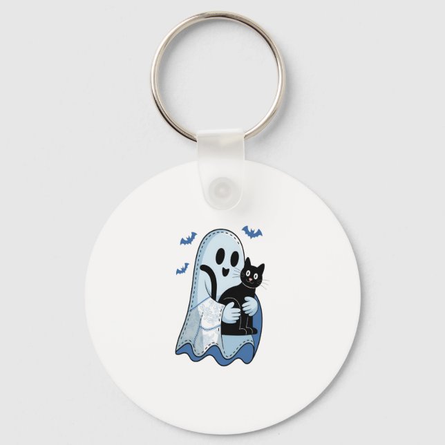 Halloween Blue Denim Ghost and Cat Key Ring (Front)