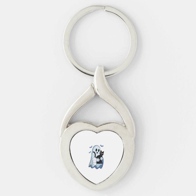 Halloween Blue Denim Ghost and Cat Key Ring (Front)