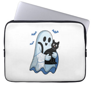 Halloween Blue Denim Ghost and Cat Laptop Sleeve