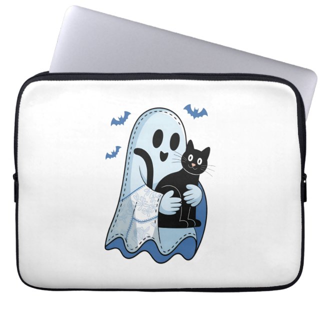 Halloween Blue Denim Ghost and Cat Laptop Sleeve (Front)
