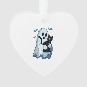Halloween Blue Denim Ghost and Cat Ornament