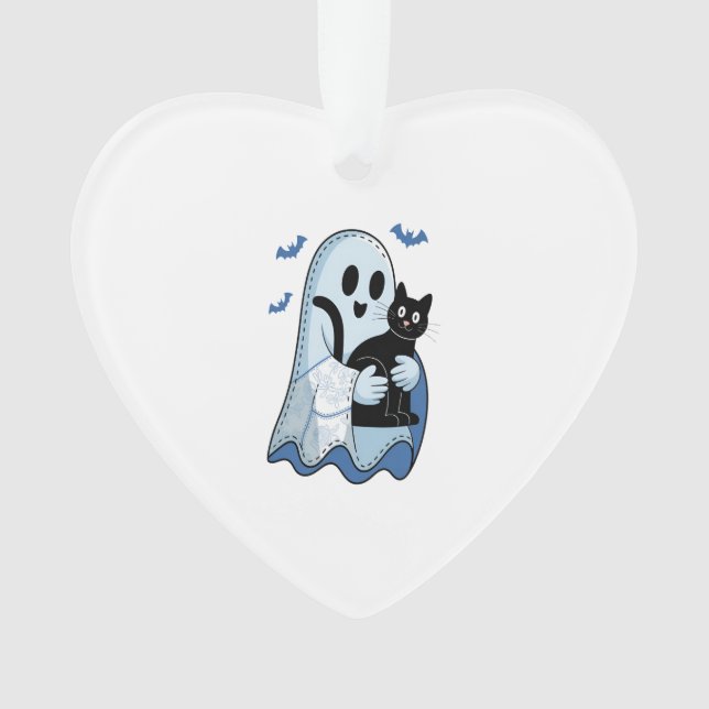 Halloween Blue Denim Ghost and Cat Ornament (Front)