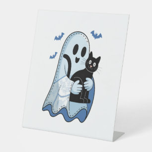 Halloween Blue Denim Ghost and Cat Pedestal Sign