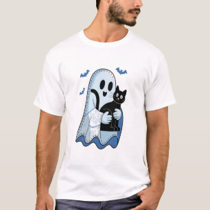 Halloween Blue Denim Ghost and Cat T-Shirt