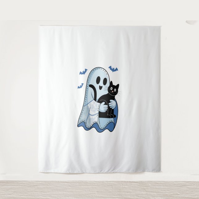 Halloween Blue Denim Ghost and Cat Tapestry (Front)