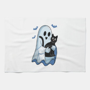 Halloween Blue Denim Ghost and Cat Tea Towel