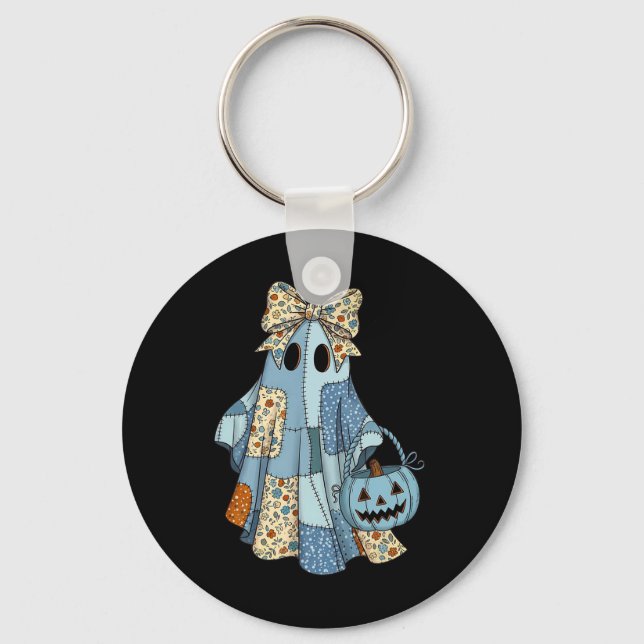 Halloween Blue Denim Ghost Trendy Denim Patchwork  Key Ring (Front)