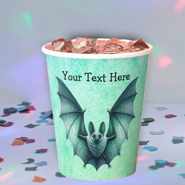 Halloween Blue Green Flying Bat Furry Body Paper Cups (Flying bluish green bat furry body on mix of blues greens Halloween paper party cup.)