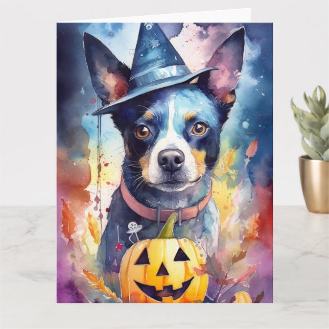 Halloween Blue Heeler With Pumpkins Scary Card (Small Plant)