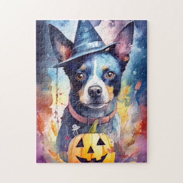 Halloween Blue Heeler With Pumpkins Scary Jigsaw Puzzle (Vertical)