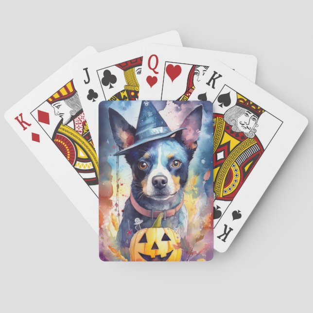 Halloween Blue Heeler With Pumpkins Scary Playing Cards (Back)