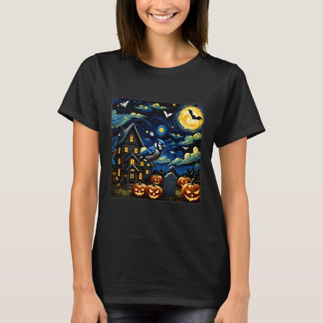 Halloween Blue Jay Starry Night  T-Shirt (Front)