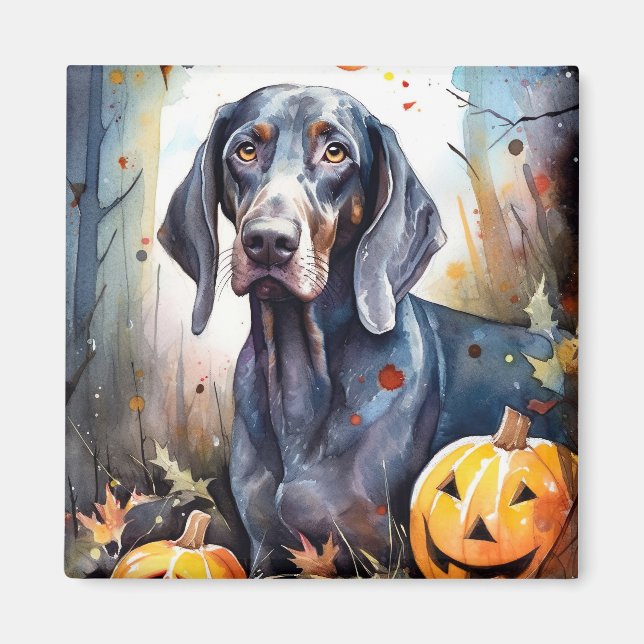 Halloween Bluetick Coonhound With Pumpkins Scary Magnet (Front)