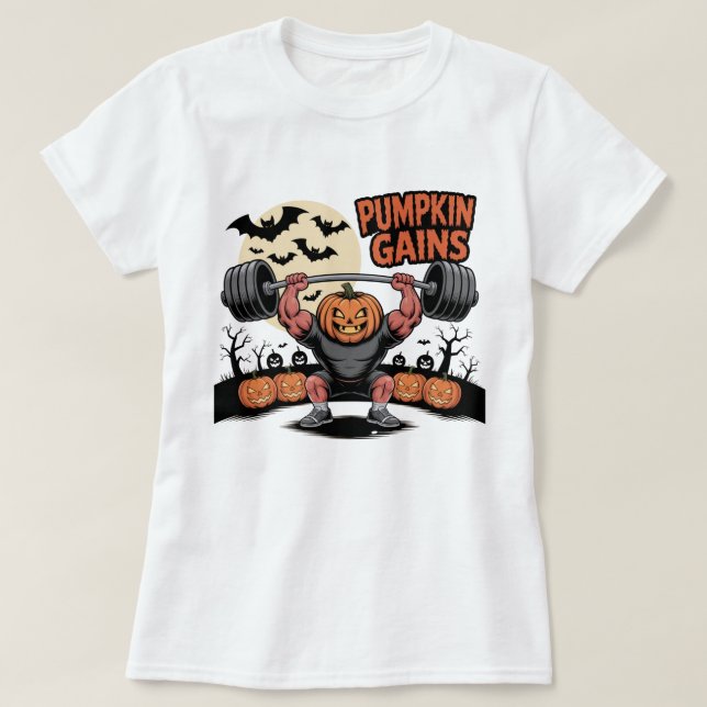 Halloween bodybuilder pumpkin funny t-shirt (Design Front)