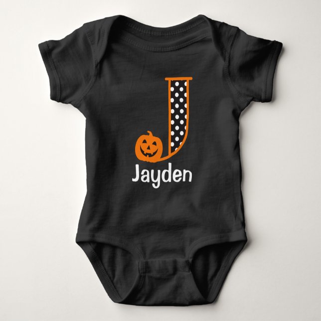 Halloween Bodysuit w Pumpkin Monogram Initial J (Front)