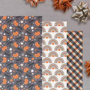 Halloween Boho Rainbow Pumpkins & Bats Patterns Wrapping Paper Sheet