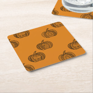 Halloween boho Zentangle ® inspired pumpkin Autumn Square Paper Coaster