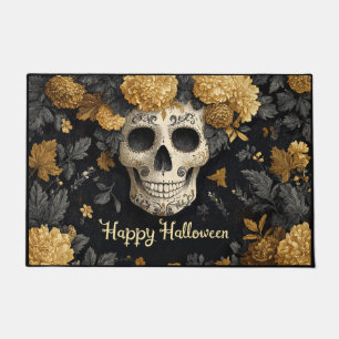 Halloween Bone White Skull with Golden Marigolds Doormat