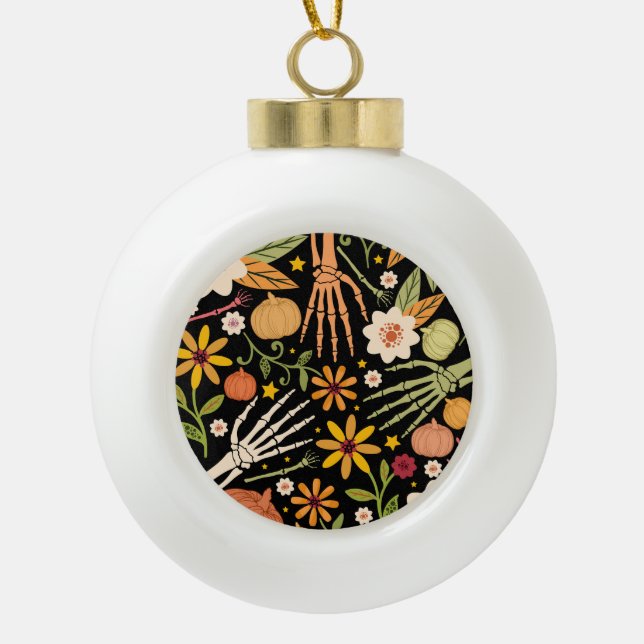 Halloween bones, floral seamless pattern. ceramic ball christmas ornament (Front)