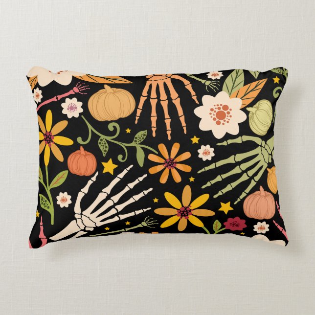 Halloween bones, floral seamless pattern. decorative cushion (Front)