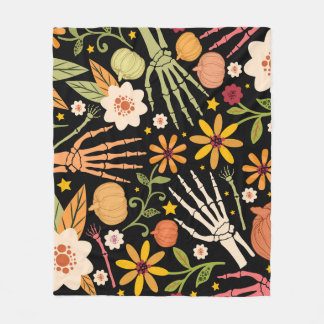 Halloween bones, floral seamless pattern. fleece blanket