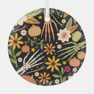 Halloween bones, floral seamless pattern. glass tree decoration
