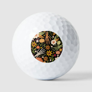 Halloween bones, floral seamless pattern. golf balls