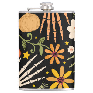 Halloween bones, floral seamless pattern. hip flask
