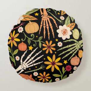 Halloween bones, floral seamless pattern. round cushion