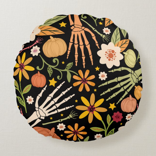 Halloween bones, floral seamless pattern. round cushion (Front)