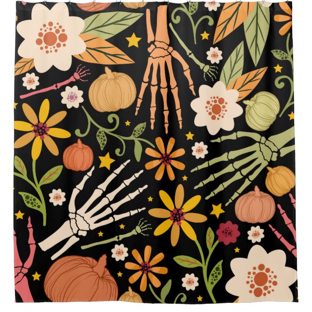Halloween bones, floral seamless pattern. shower curtain (Front)