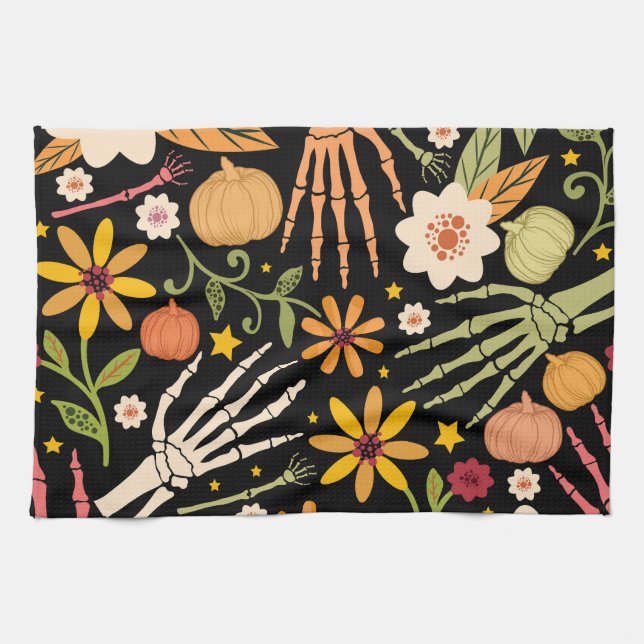 Halloween bones, floral seamless pattern. tea towel (Horizontal)