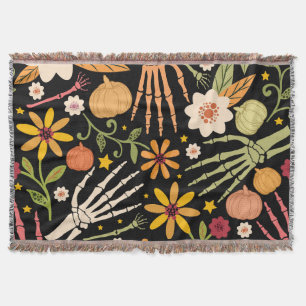 Halloween bones, floral seamless pattern. throw blanket