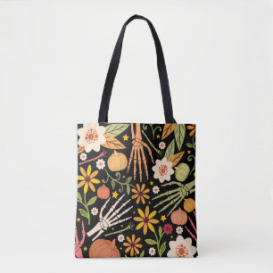 Halloween bones, floral seamless pattern. tote bag