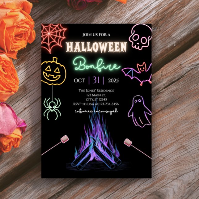 Halloween Bonfire Neon Spooky Night Costume Party Invitation (Creator Uploaded)