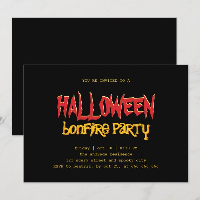 Halloween Bonfire Party Teen Outdoor Black Yellow Invitation (Front/Back)