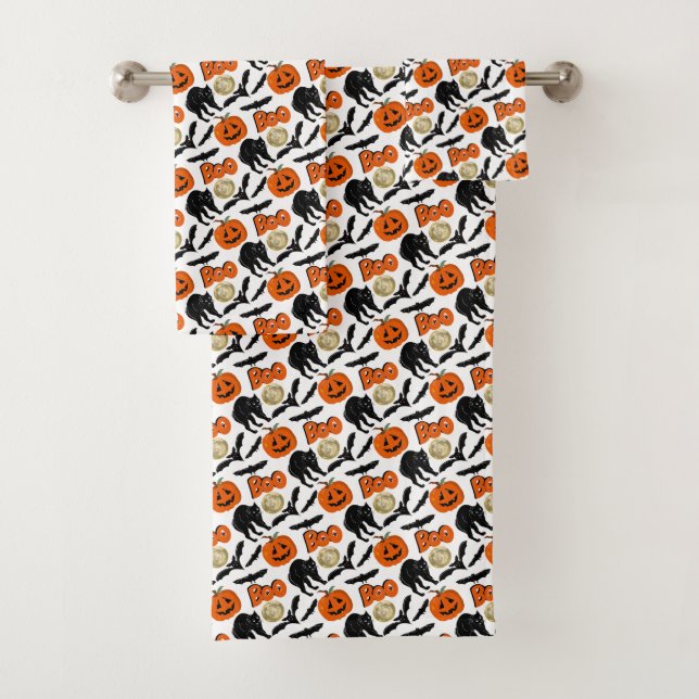 Halloween Boo Bats Cat Pumpkin And Moon Drawing Bath Towel Set (Insitu)