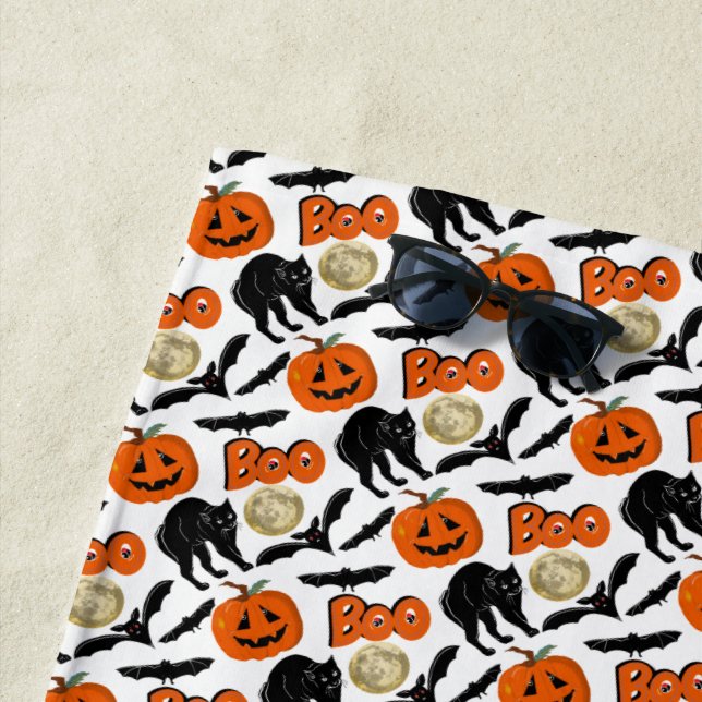Halloween Boo Bats Cat Pumpkin And Moon Drawing Beach Towel (In Situ)